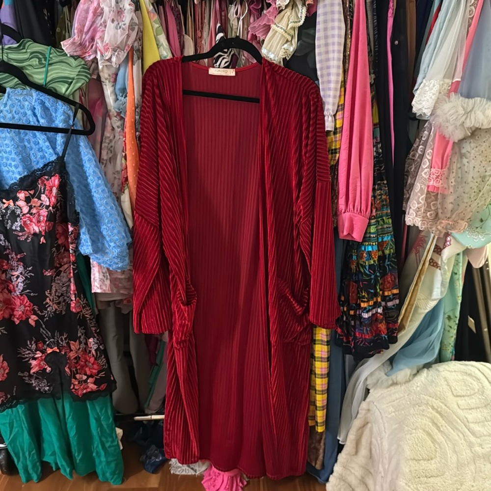 Red striped velvet kimono